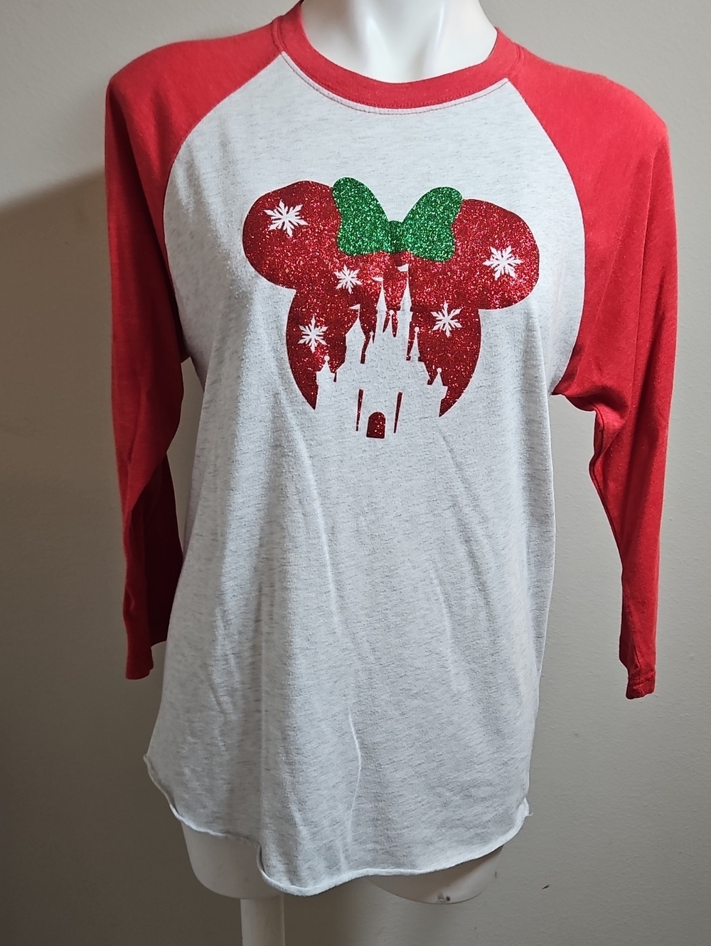 Next Level Medoum Red & White Raglan Tee with Green Glitter Bow Minnie Mouse